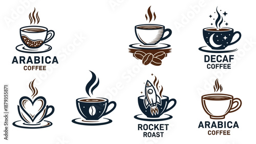Collection of stylized coffee cup illustrations with various themes and labels, including Arabica, Decaf, and Rocket Roast.