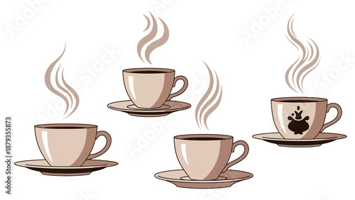 Four steaming cups of coffee or tea on saucers, with wisps of steam rising from each.