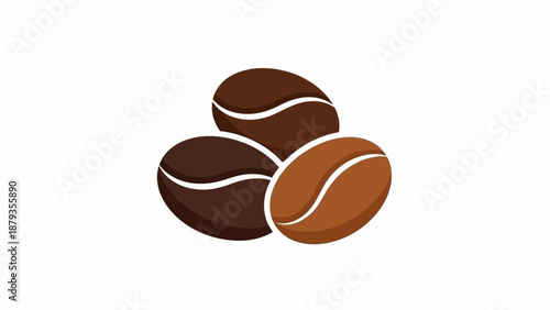 A close-up illustration of three stylized coffee beans, two dark brown and one lighter brown, with a white curved line representing their crease, set against a white background.