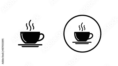 Two black icons of a steaming cup of coffee on a saucer, one in a circle and one without.