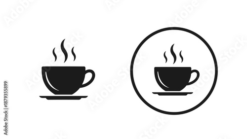 Two black silhouette icons of a steaming cup of coffee on a saucer, one inside a circle.