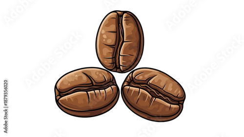 Three roasted coffee beans arranged in a triangular formation on a white background.