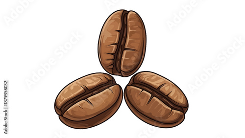 Three roasted coffee beans arranged in a triangular formation on a white background.