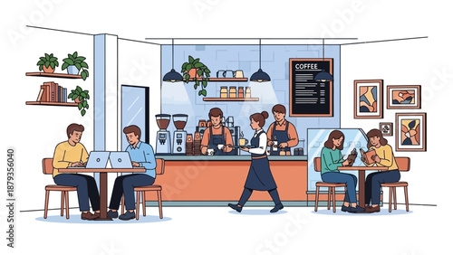 A lively illustration of a modern coffee shop interior with customers enjoying drinks and working on laptops.