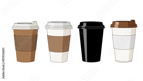 Four disposable coffee cups with lids and sleeves, two brown and white, one black, and one white and grey, displayed in a row.