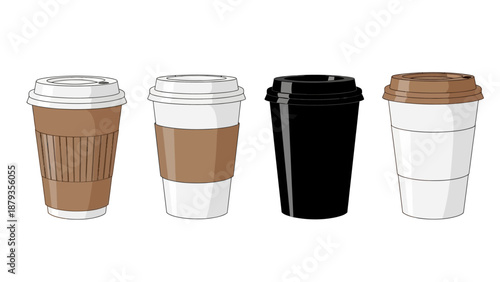 Four disposable coffee cups with lids and sleeves, presented in a row against a white background.