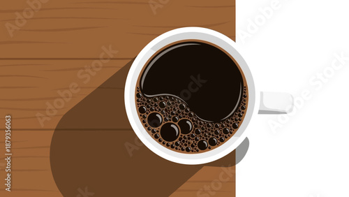 A top-down view of a steaming cup of black coffee with foam and bubbles on a wooden surface.