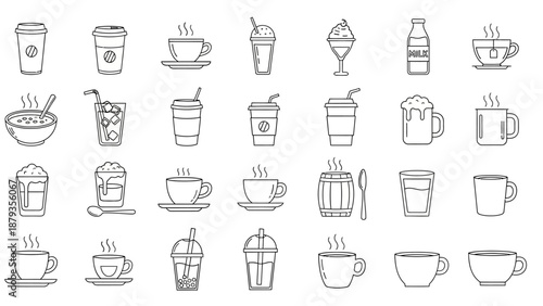 A collection of black and white line art icons representing various beverages and drinks, including coffee cups, tea cups, milk bottles, and iced drinks.
