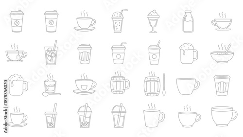 A collection of line art illustrations depicting various types of hot and cold beverages in cups and glasses.