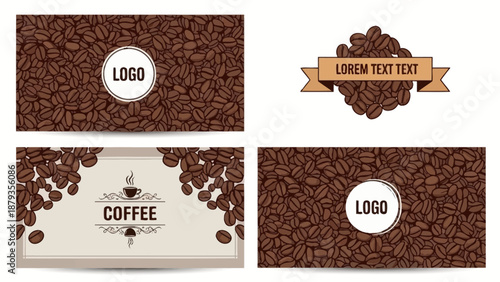 A collection of four business card designs featuring a coffee bean motif and elegant typography for a coffee brand.