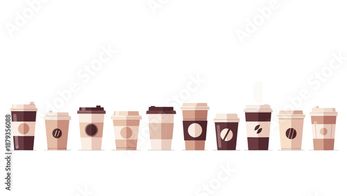A collection of various disposable coffee cups with lids and sleeves, displayed in a horizontal line against a white background.