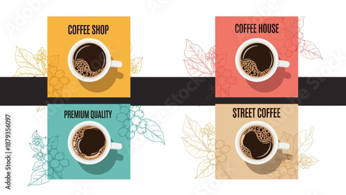 Four distinct coffee experiences presented in a visually appealing grid layout, showcasing different styles of coffee service.