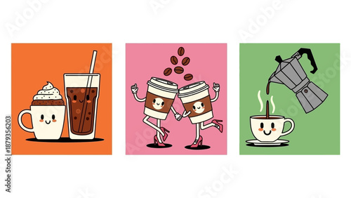 Three charming cartoon illustrations of coffee drinks and coffee beans, each with a unique and whimsical theme.