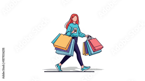 A woman with red hair walks with many shopping bags and a coffee cup.