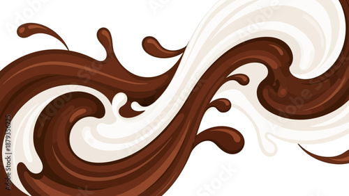 A dynamic swirl of rich dark chocolate and creamy white liquid splashing together, creating an abstract and appetizing visual.