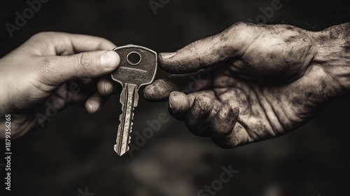 Child handing key to dirty hands, dark background, inheritance concept