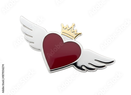 Emblem of a crowned heart with wings, symbolizing love, royalty, and aspiration, isolated on white
