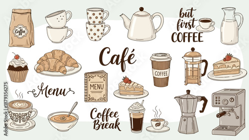 A charming collection of hand-drawn illustrations depicting various elements associated with a cafe, including coffee, pastries, and brewing equipment.