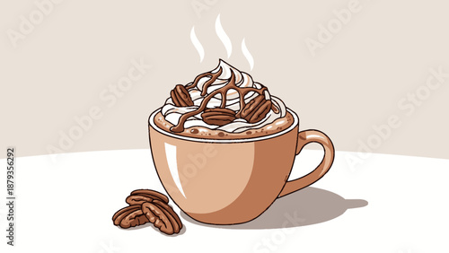 A delicious hot beverage topped with whipped cream, chocolate drizzle, and pecans in a ceramic mug.