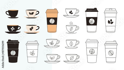A collection of various coffee cups and to-go coffee cups, presented in a clean, illustrative style with different designs and colors.