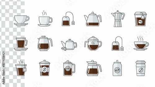 A collection of various hot and cold beverages, including coffee and tea, presented in different cups, mugs, and teapots.