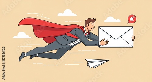 Superhero Businessman Flying Through Sky with Red Cape Sending Email on Smartphone and Paper Airplane for Fast Communication and Delivery