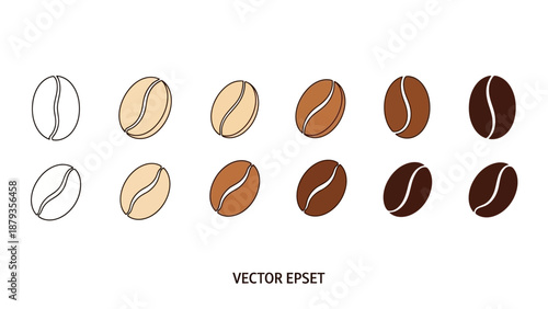 A collection of stylized coffee beans in various shades of brown, from light beige to dark brown, presented in two rows.