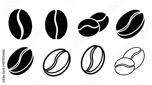 A collection of stylized black and white illustrations of coffee beans, showcasing various designs and perspectives.