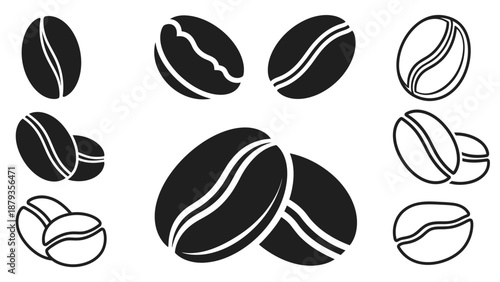 A collection of stylized black and white illustrations of coffee beans, showcasing various angles and arrangements.