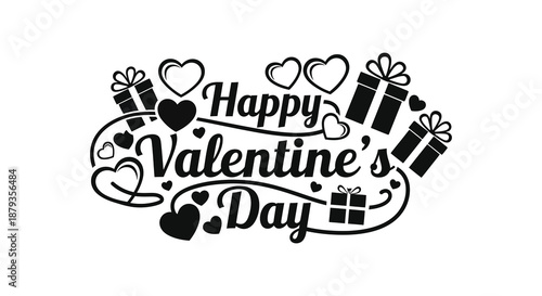 A charming valentine s day graphic with hearts gifts and decorative swirls in a dark silhouette