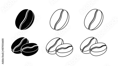 A collection of six stylized illustrations of coffee beans, presented in both solid black and outline formats, showcasing single beans and pairs.