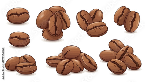 A collection of roasted coffee beans, artfully arranged in various small piles and individual beans, showcasing their rich brown color and characteristic groove.