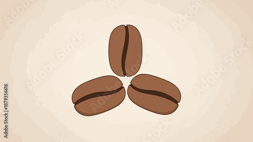 Three stylized brown coffee beans arranged in a triangular formation against a soft, textured background.
