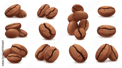 A collection of realistic illustrations of roasted coffee beans, showcasing their texture and characteristic split.