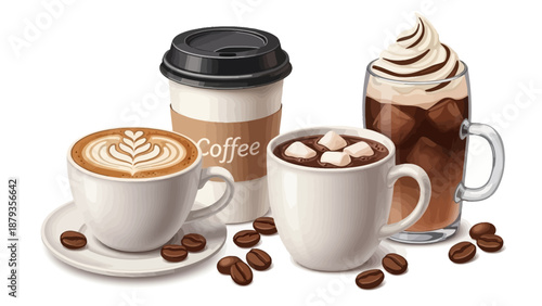 A collection of four delicious coffee drinks, including a latte, a hot chocolate with marshmallows, and a whipped cream topped iced coffee.
