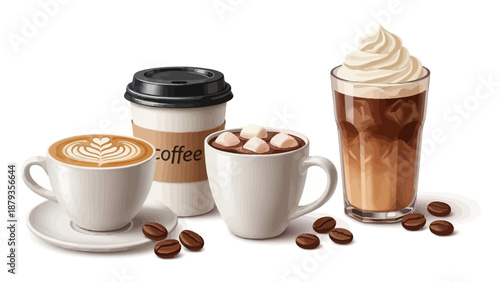 A delightful assortment of coffee beverages, including a latte with art, a hot chocolate with marshmallows, and a whipped cream-topped iced coffee.