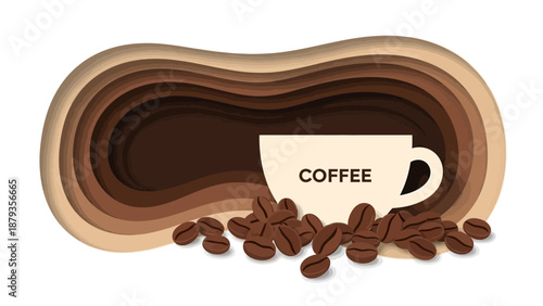A visually appealing illustration featuring a cup of coffee and scattered coffee beans, set against a backdrop of layered, abstract shapes in shades of brown.