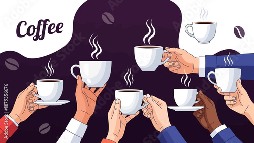 A diverse group of hands holding steaming cups of coffee, symbolizing a shared appreciation for the popular beverage.