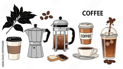 A collection of coffee-related items including a Moka pot, French press, cups, beans, and toast.