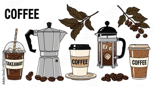 A collection of coffee-related items including a moka pot, French press, takeaway cups, coffee beans, and coffee plant branches.