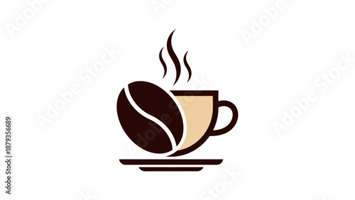 A steaming cup of coffee sits next to a large coffee bean on a saucer, symbolizing a morning beverage.
