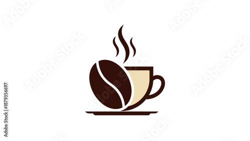 A steaming cup of coffee sits next to a large coffee bean on a saucer, representing a beverage.