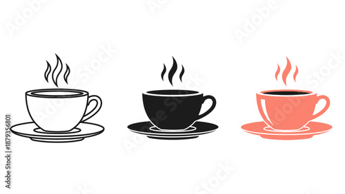 Three stylized illustrations of steaming cups of coffee on saucers, in black and white, solid black, and coral colors.