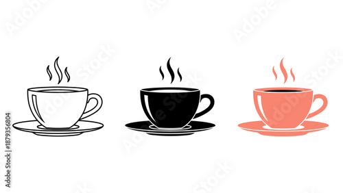 Three stylized cups of hot beverage on saucers, with steam rising, in black and white, black, and coral colors.