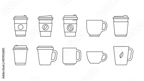 A collection of line art illustrations of various coffee cups and mugs, presented in a two-row grid.