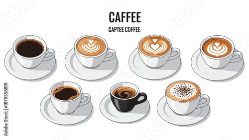 A collection of seven different coffee drinks, including espresso, latte, and cappuccino, served in white cups on saucers.