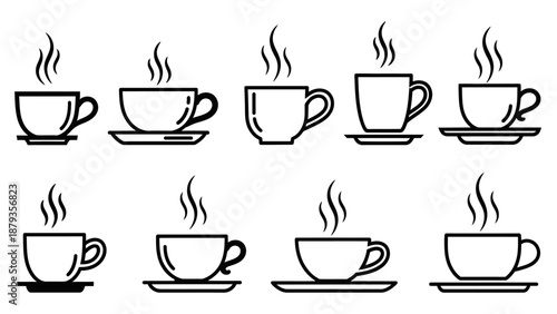 A collection of ten black and white line art illustrations of steaming coffee cups on saucers, showcasing various designs and styles.