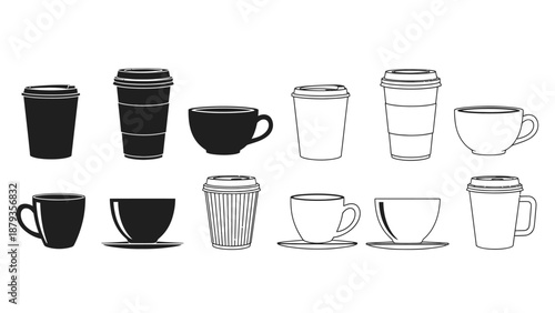 A collection of various black and white line art illustrations of coffee cups and mugs.