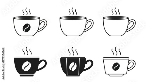 A collection of six stylized illustrations of steaming coffee cups, featuring both white and black designs with coffee bean motifs.