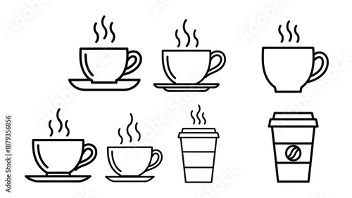 A collection of line art icons representing various coffee cups and a disposable coffee cup, all steaming to indicate hot beverages.
